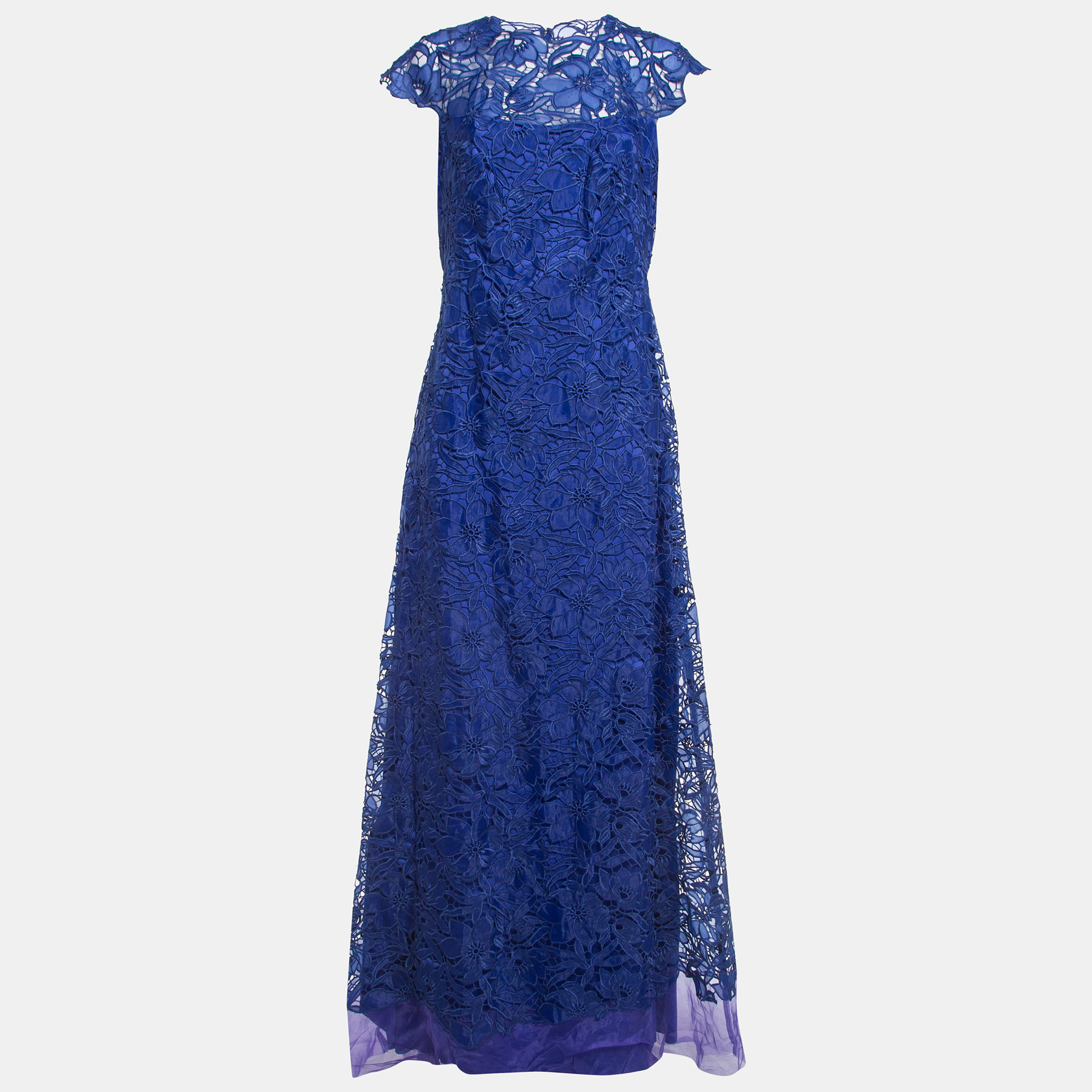 Tadashi Shoji Blue Floral Motif Lace Organza Cap Sleeve Gown L, Dresses - Luxury Closet catalog