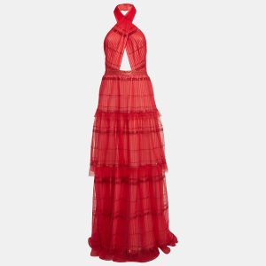 Tadashi Shoji Red Sequin Tulle Halter Neck Pleats Layered Gown M, Dresses - Luxury Closet catalog