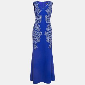 Tadashi Shoji Blue Floral Embroidered Knit Sleeveless Gown S, Dresses - Luxury Closet catalog