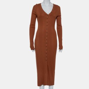 The Range Brown Rib Knit Button Front Midi Dress M, Dresses - Luxury Closet