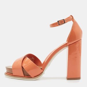 Tod's Light Orange Patent Leather Block Heel Ankle Strap Sandals Size 38.5, Sandals - Luxury Closet