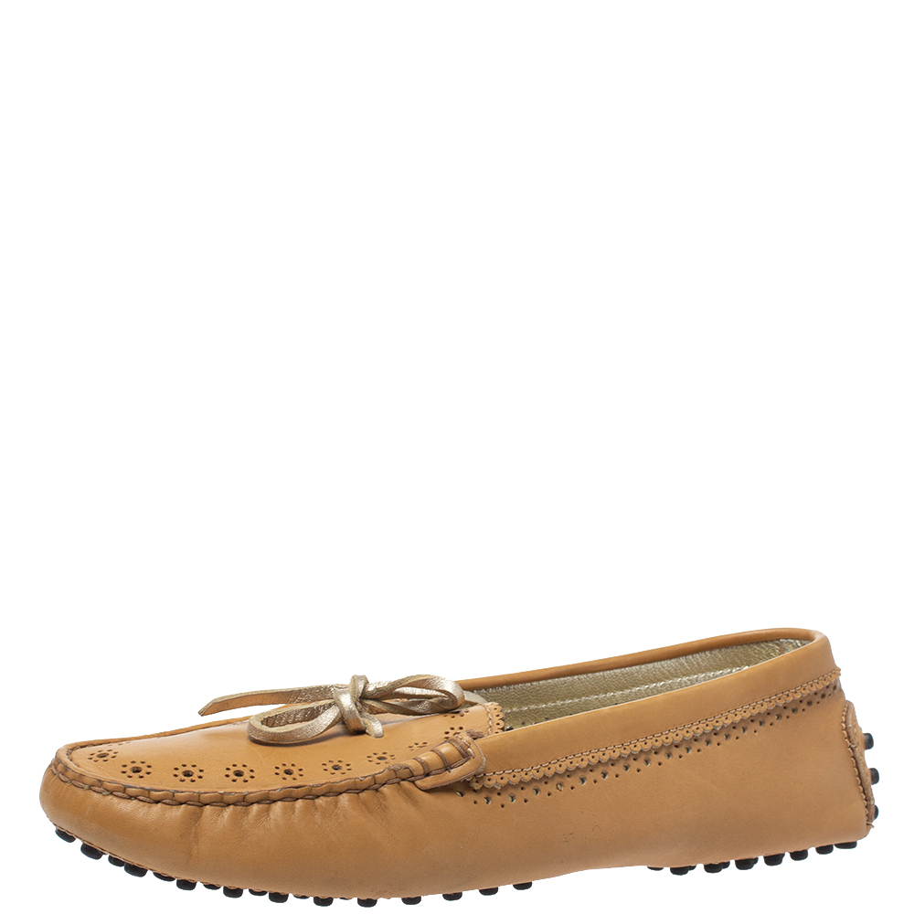 Tod's Tan Perforated Leather Bow Loafers Size 37.5, Loafers & Slip-Ons - Luxury Closet catalog