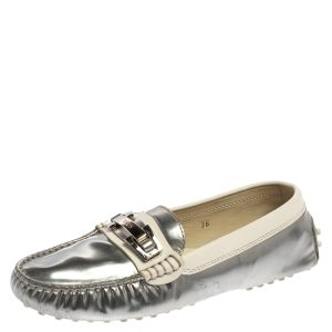 Tod's Silver/White Patent and Leather Logo Buckle Loafers Size 36, Loafers & Slip-Ons - Luxury Closet catalog