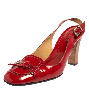 Tod's Red Patent Leather Penny Loafer Slingback Sandals Size 38.5, Sandals - Luxury Closet