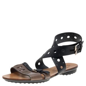 Tod's Black/Grey Leather Flat Sandals Size 36, Sandals - Luxury Closet