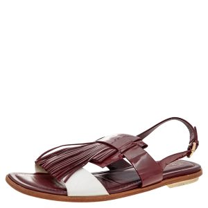 Tod's Burgundy/White Patent Leather And Leather Fringe Flat Sandals Size 38.5, Sandals - Luxury Closet