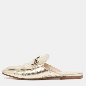Tod's Metallic Gold Croc Embossed Leather Double T Mules Size 38, Sandals - Luxury Closet