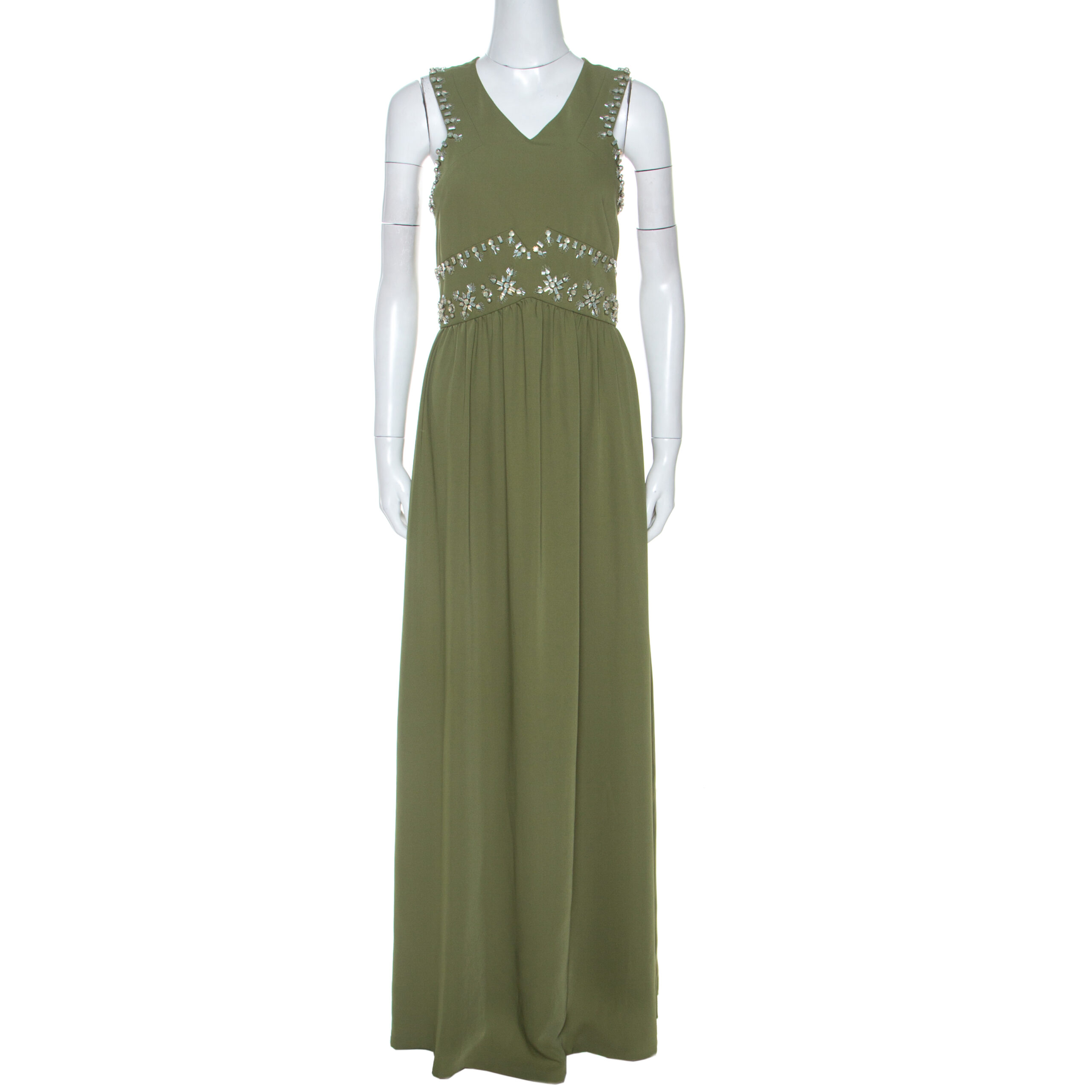 Tory Burch Green Crepe Embellished Luisa Sleeveless Gown M, Dresses - Luxury Closet