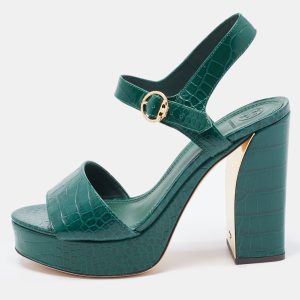 Tory Burch Green Croc Embossed Leather Martine Platform Sandals Size 40, Sandals - Luxury Closet