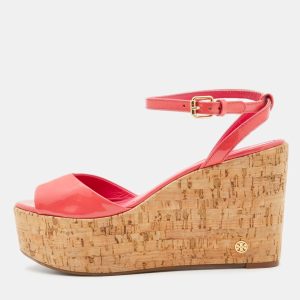 Tory Burch Pink Patent  Leather Dahlia Cork Platform Wedge Sandals Size 38.5, Sandals - Luxury Closet