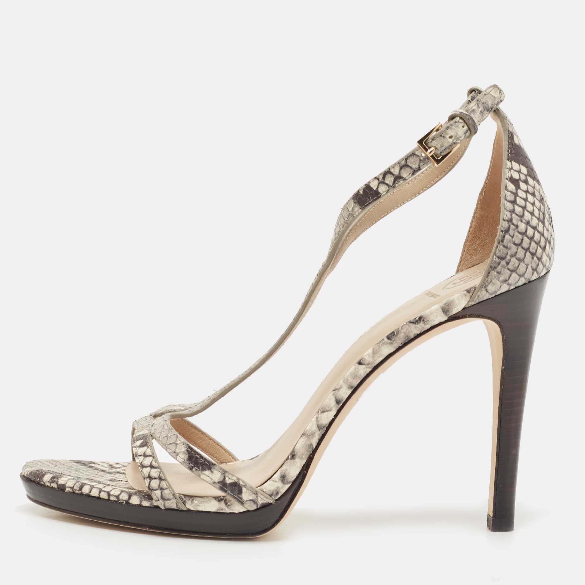 Tory Burch Grey/Black Python Embossed Leather Shelley Sandals Size 38.5, Sandals - Luxury Closet
