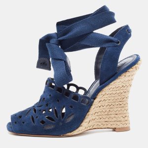Tory Burch Navy Blue Laser Cut Suede Ankle Tie Wedge Sandals Size 36.5, Sandals - Luxury Closet