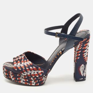 Tory Burch Navy Blue/Red Brocade Fabric Ankle Strap Sandals Size 38.5, Sandals - Luxury Closet