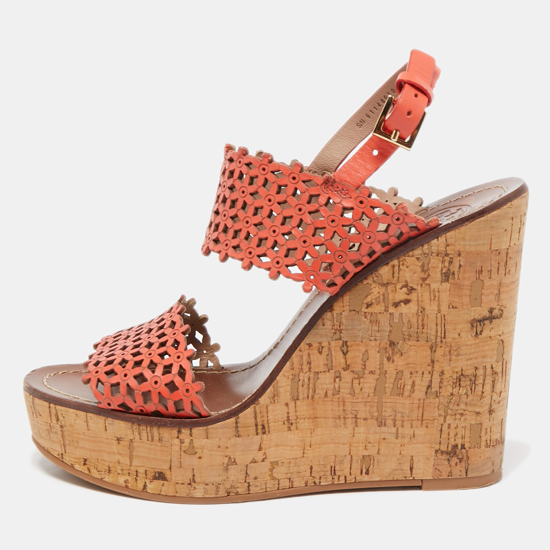 Tory Burch Orange Perforated Leather Daisy Cork Wedge Sandals Size 37, Sandals - Luxury Closet
