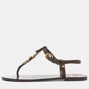 Tory Burch Brown Studded Leather T Strap Thong Flat Sandals Size 38.5, Sandals - Luxury Closet
