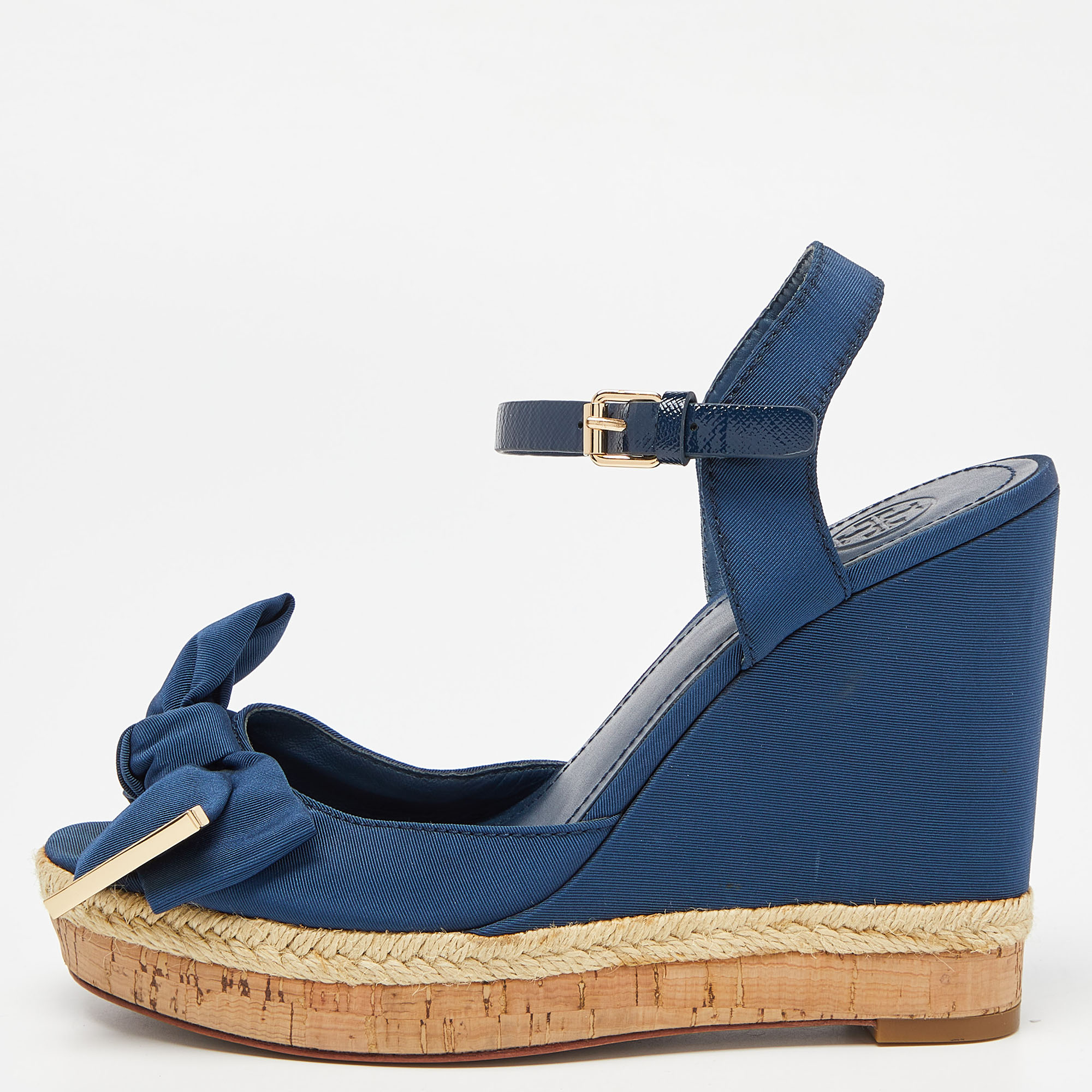 Tory Burch Blue Canvas and Leather Espadrille Wedge Ankle Strap Sandals Size 38, Sandals - Luxury Closet