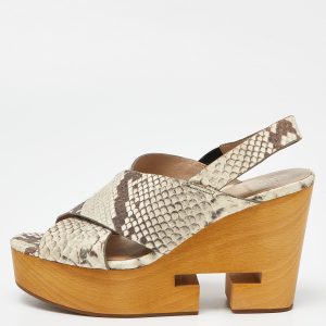 Tory Burch Beige Python Embossed Cork Wedge Strappy Platform Sandals Size 38.5, Sandals - Luxury Closet