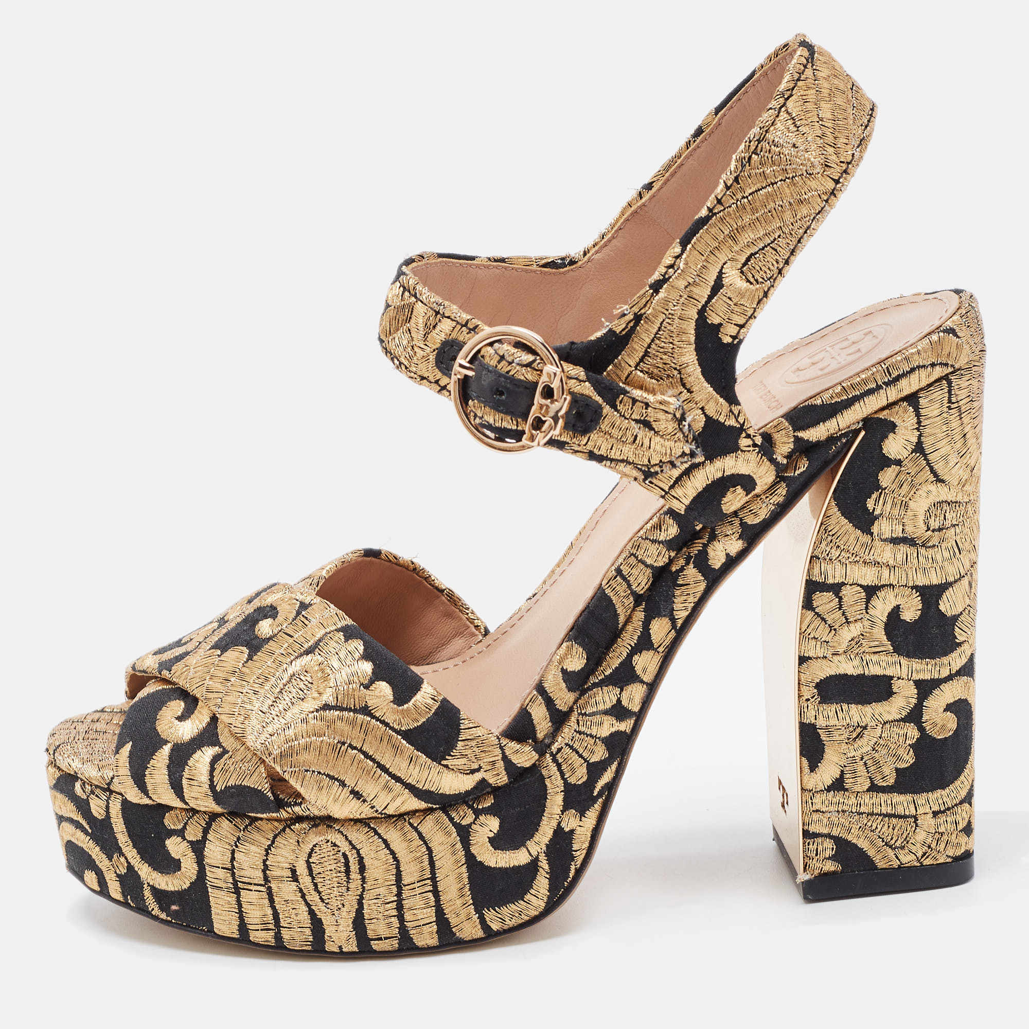 Tory Burch Gold/Black Brocade Fabric Loretta Sandals Size 36, Sandals - Luxury Closet