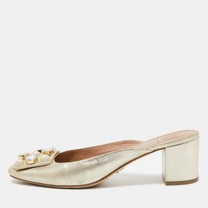 Tory Burch Gold Leather Vail Block Heel Mules Size 37.5, Sandals - Luxury Closet