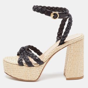 Gianvito Rossi Dark Brown Woven Leather and Raffia Ankle Strap Sandals Size 40, Sandals - Luxury Closet