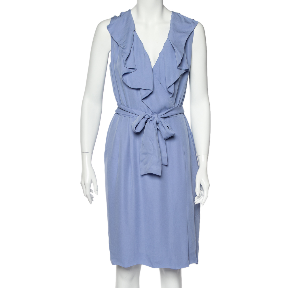 Valentino Blue Silk Ruffled Neck Detail Belted Wrap Midi Dress L, Dresses - Luxury Closet catalog