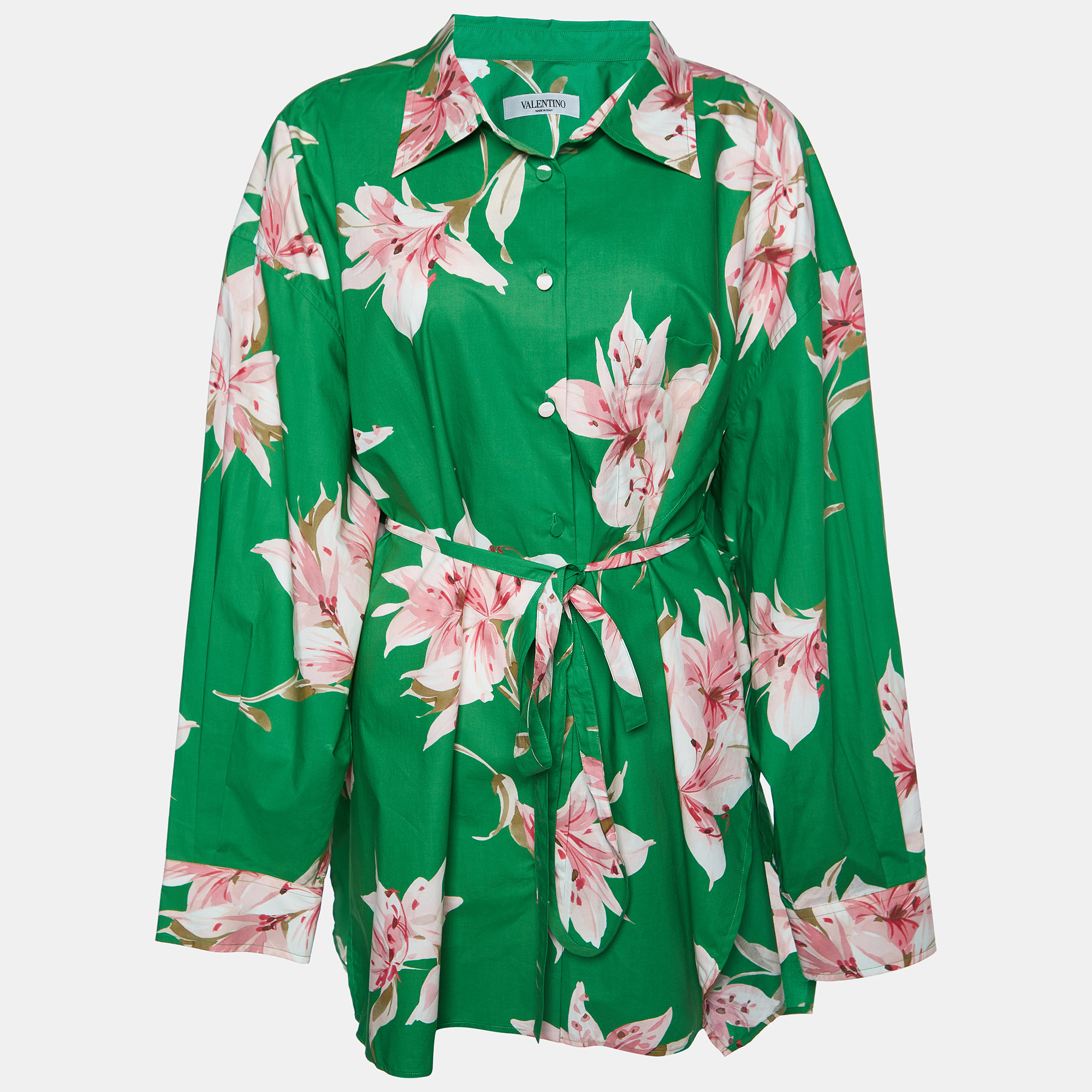Valentino Green Floral Print Cotton Belted Shirt Dress L, Dresses - Luxury Closet
