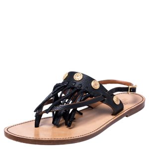 Valentino Black Leather Fringed Coin Detail Thong Flat Sandals Size 39, Sandals - Luxury Closet