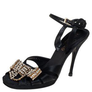 Valentino Black Satin Bow Crystal Embellished Ankle strap Sandals Size 37, Sandals - Luxury Closet