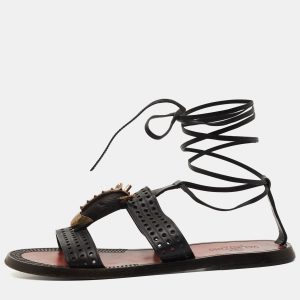 Valentino Black Perforated Leather Ankle Tie Sandals Size 38, Sandals - Luxury Closet