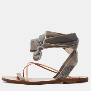 Valentino Grey Velvet Ankle Wrap Flat Sandals Size 37, Sandals - Luxury Closet