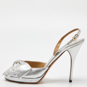 Valentino Silver Leather Bow Slingback Sandals Size 39, Sandals - Luxury Closet
