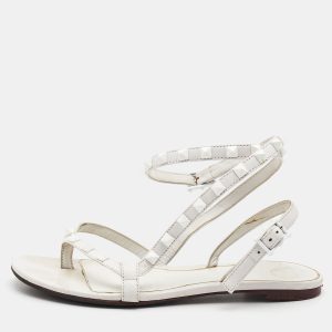 Valentino White Leather Rockstud Ankle Strap Flat Sandals Size 36, Sandals - Luxury Closet