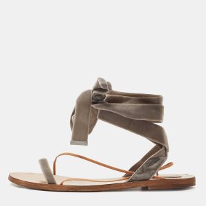Valentino Grey Velvet Ankle Wrap Flat Sandals Size 39.5, Sandals - Luxury Closet