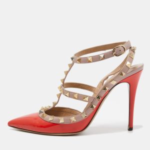 Valentino Orange/Pink Patent and Leather Caged Rockstud  Ankle Strap Pumps Size 39, Sandals - Luxury Closet