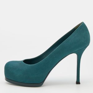 Yves Saint Laurent Teal Blue Lizard Embossed Leather Tribtoo Platform Pumps Size 38, Pumps - Luxury Closet catalog