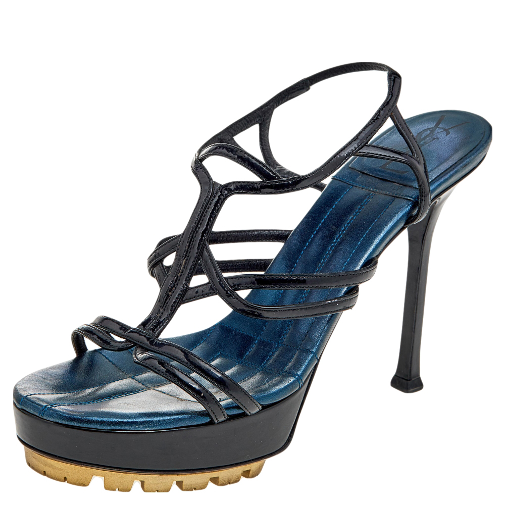 Yves Saint Laurent Black Patent Leather Strappy Platform Sandals Size 36.5, Sandals - Luxury Closet catalog