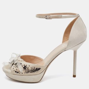 Yves Saint Laurent Off White Suede and Fabric Ankle Strap Platform Sandals Size 40, Sandals - Luxury Closet