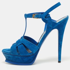 Yves Saint Laurent Blue Suede Tribute Ankle Strap Sandals Size 40.5, Sandals - Luxury Closet