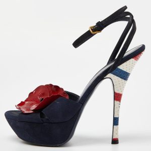 Yves Saint Laurent Navy Blue Suede Flower Embellished Ankle Strap Sandals Size 39, Sandals - Luxury Closet