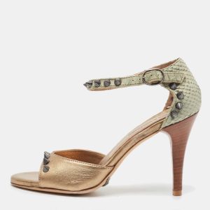 Zadig & Voltaire Two Tone Leather and Embossed Python Studded Ankle Strap Sandals Size 35, Sandals - Luxury Closet
