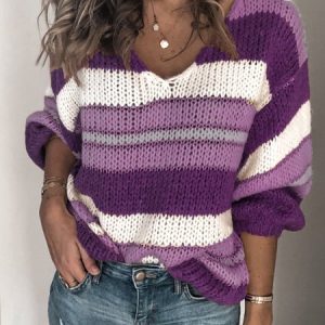 V Neck Color-Block Long Sleeve Sweater, Sweaters, color:Violet|size:5XL, JustFashionNow