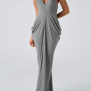 High Elasticity Plain Elegant Loose V Neck Sleeveless Maxi Dress, Maxi Dresses, color:Gray|size:XXL, Stylewe