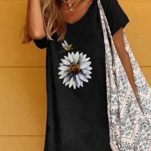 Black Printed Cotton Casual Dress, Midi Dresses, Roselinlin - Online Catalog