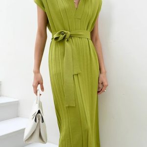 Urban Shirt Collar Plain Sweater Dress With Belt, Midi Dresses, color:Green|size:XXL, Stylewe