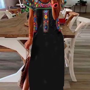 Folk flower print loose split dress long, Maxi Dresses, Roselinlin - Online Catalog