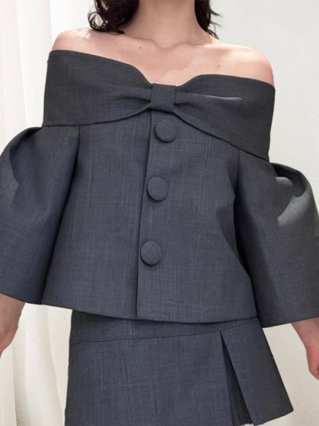 Regular Fit Cold Shoulder Plain Elegant Blouse, Blouses and Shirts, color:Deep Gray|size:XXL, Stylewe