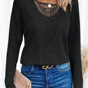 Casual Plain Crew Neck Long Sleeve T-shirt, T-shirts, color:Black|size:XXL, catalog Noracora shop