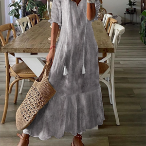 Women Striped V Neck Half Sleeve Comfy Casual Maxi Dress, Maxi, color:Gray|size:XXL, catalog Noracora shop