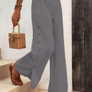 Women Casual Plain Button Detail Split Hem Loose Elastic Waist Wide Leg Pants, Pants, Roselinlin - Online Catalog
