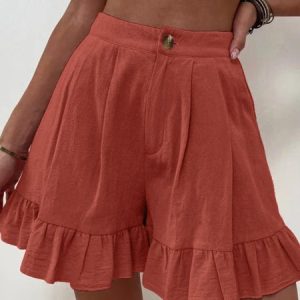 Women Summer Cotton Casual Plain Natural Ruffled Shorts, Shorts, color:Brick Red|size:XXL, catalog Noracora shop